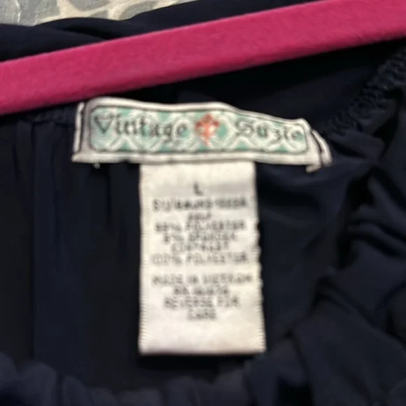 Vintage Suzie short sleeve navy polyester top, sheer sleeves, tie on front, L - Picture 4 of 4